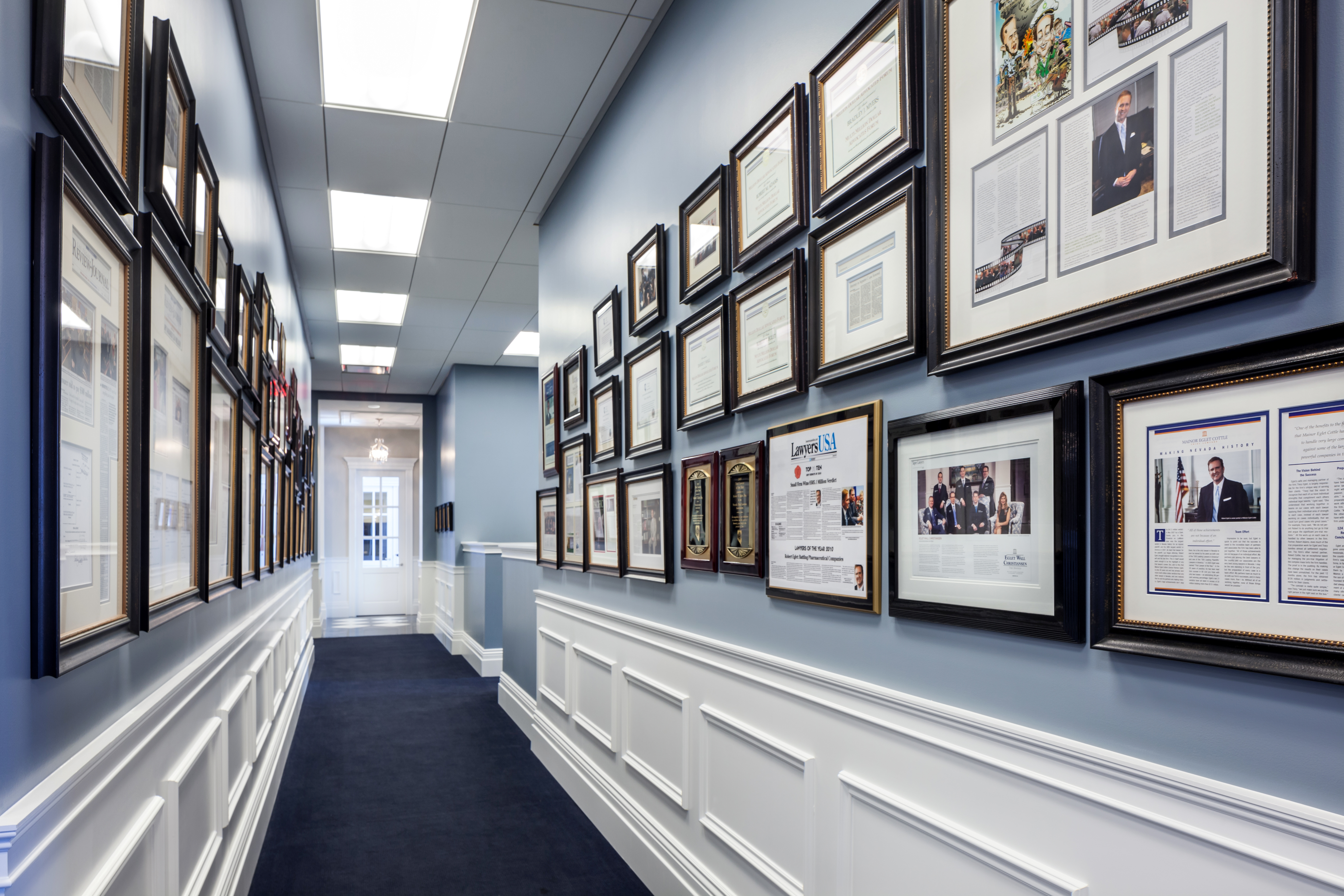 Eglet Prince office hallway with awards displayed