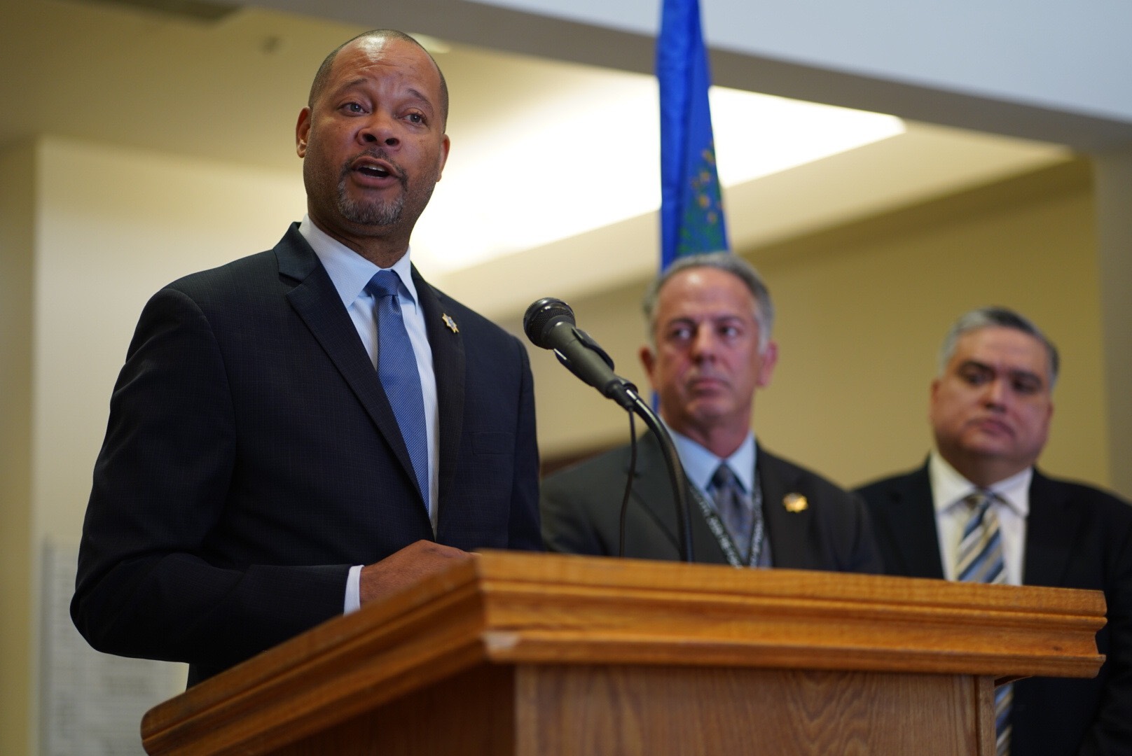 Attorney General Aaron Ford at a press conference for opioid lawsuits