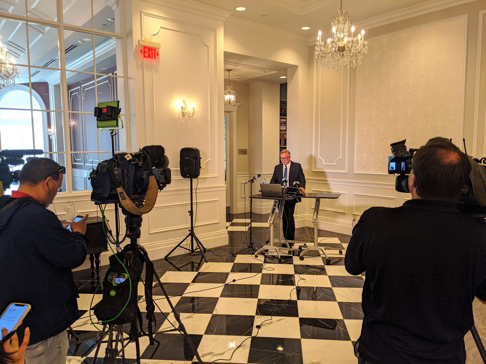 Robert Eglet takes questions from reporters at a press conference outlining the important details of the complaint.